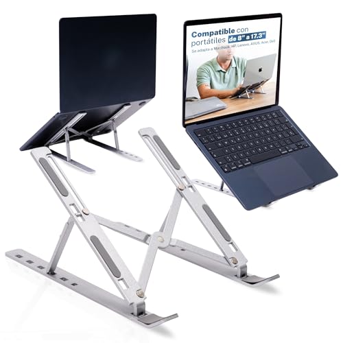 ADYTON Soporte Portátil Ajustable para Ordenador de 8 a 17.3 Pulgadas – Aleación de Aluminio, 6 Niveles, Antideslizante, Ergonómico, Plegable con Bolsa y Caja – Base Abierta para Ventilación.
