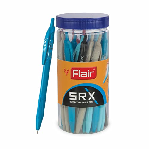 Image of FLAIR Srx Retractable Ball Pen Jar | Tip Size 0.7 mm |Triangular Grip For Better Hold | Light Weight Refillable Ball Pen | Vibrant Solid Body Colours | Blue Ink, Jar Set Of 25 Pcs