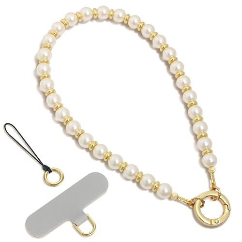 [SURPHY] スマホストラップ手首 ハンドストラップ 携帯ストラップ パールストラップ リストストラップ パールチェーン iPhoneストラップ リングストラップ１本入り+タグパッチ1枚入り(ゴールドパール)