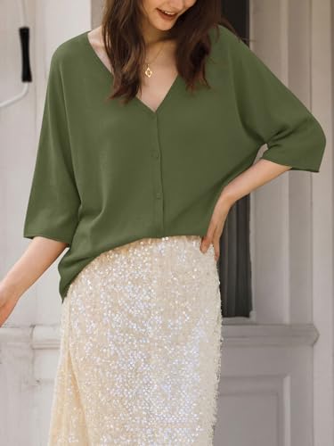 Image of Saodimallsu Womens V Neck Half Sleeve Cardigan Sweaters Summer Knit Tops | Oversized Fit, Button Down, Batwing Sleeve, Soft Lightweight Knitted Fabric, Trendy Casual Style, Summer Fall Outfits