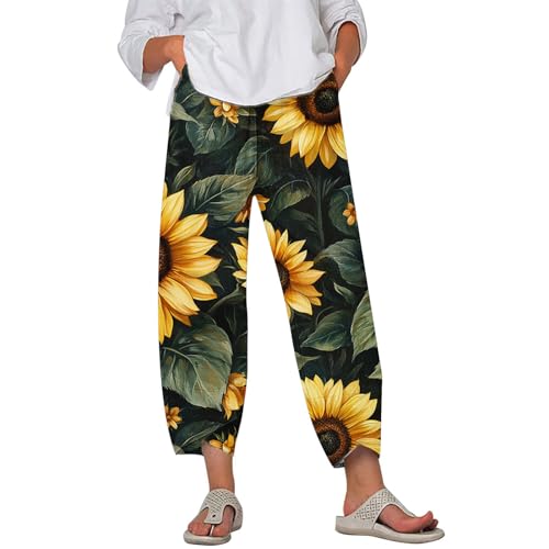 Image of DMOYALA Linen Pants for Women Summer Casual Wide Leg Capri Pants Loose Fit Palazzo Pants Cropped Beach Pants with Pockets