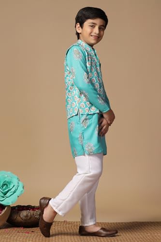 Image of Fashion Dream Boy's Cotton Blend Printed Kurta Pyjama And Jacket Set|Kurta And Payjama Set
