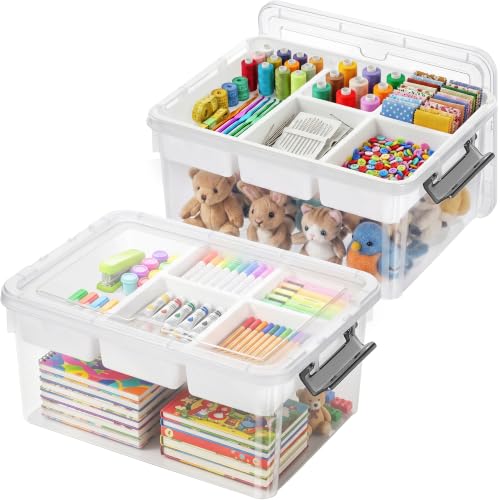 Image of 17QT 2 Pack Clear Craft Organizers and Storage with Removable Tray, Made in USA, BPA-Free, Art Supply Organizer, Craft Storage Bins with Lids for Markers, Beads, Playdoh, Tools, Coloring Books
