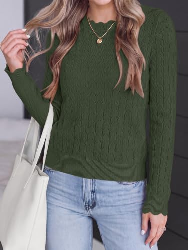 KIRUNDO Crochet Sweaters Army Green – Delicate scalloped crew neck and cuffs
