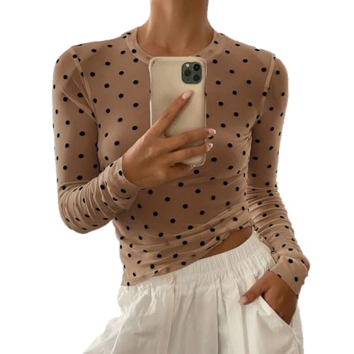 Women Trendy Crew Neck Polka Dot Sheer Mesh Blouse Sexy Slim Fit Long Sleeve See Through Crop Shirt Fall Clubwear