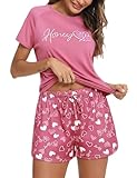 Bresdk Pijama Mujer Verano Algodón Conjunto de Pijamas con Camiseta Manga Corta y Pantalón Corto Corazones Estampado Ropa de Dormir de Dos Piezas Cómodo y Suave Rosa S