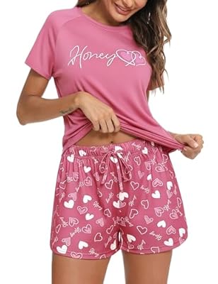 Bresdk Pijama Mujer Verano Algodón Conjunto de Pijamas con Camiseta Manga Corta y Pantalón Corto Corazones Estampado Ropa de Dormir de Dos Piezas Cómodo y Suave Rosa S | Ya disponible en tu tienda friki favorita! En mundofriki.es!