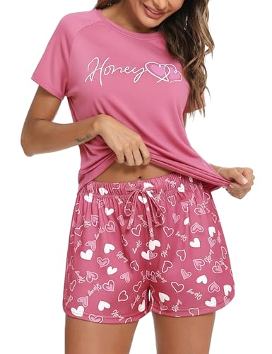 Bresdk Schlafanzug Damen Kurz Baumwolle Shorty Pyjama Set Sommer Zweiteiler Kurzarm Nachtwäsche Frauen Rundhals Hausanzug Sleepwear Rosa Herz S