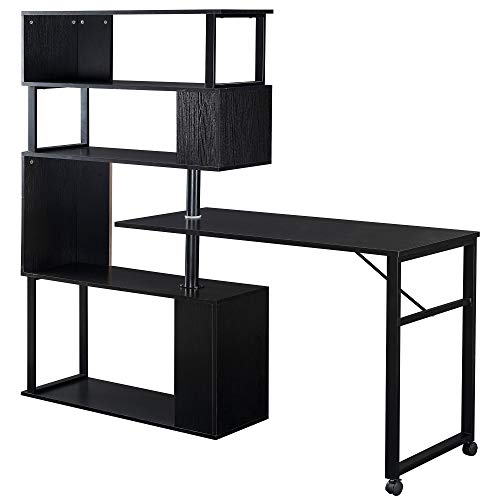 Merax, Black L Shaped Corner Desk With Shelves And Storage, Rotating, 5-Tier Bookcase, Multi-Functional Office Workstation #TOP6
