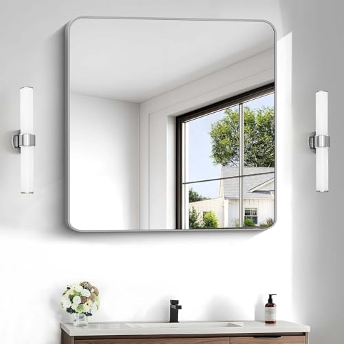 Image of Silver Bathroom Mirror, 30 x 30 Inch Silver Square Mirror, Metal Framed Rectangular Vanity Mirror, Rounded Corner Wall Mounted Mirror for Living Room Bedroom Entryway Hangs Horizontal /Vertical
