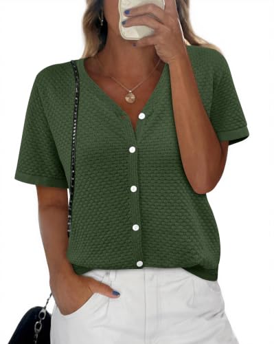 Image of NALANISA Women's Short Sleeve Sweater Spring Summer Crochet Knit Tops 2026 V Neck Striped Button Down Dressy Casual Blouses