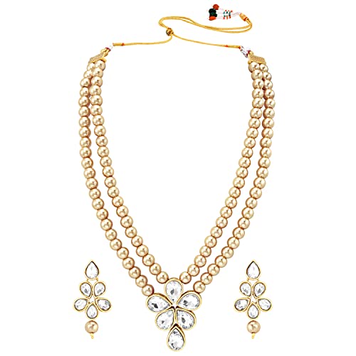Image of Peora Crystal Faux Pearl Kundan Necklace & Jewellery Set Gift for Women