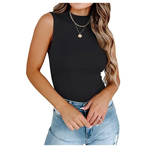 PINKMSTYLE High Neck Tank Tops for Women Summer Double Lined Sleeveless Tops Business Casual Outfits Black Large