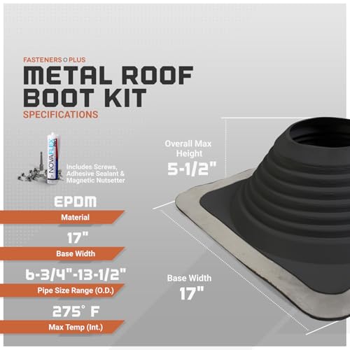 Image of Fasteners Plus #8 Square EPDM Metal Roof Pipe Flashing Boot with Complete Install Kit (Fits 6-3 /4 inch - 13-1 /2 inch Pipe OD), Black