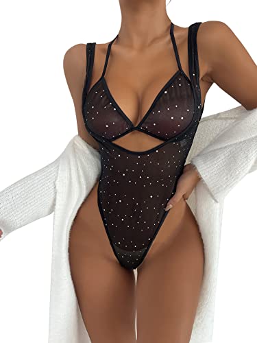 SweatyRocks Women's Deep V Teddy Sexy Lace Bodysuit Mesh Lingerie and Bra 2 Pieces Black S