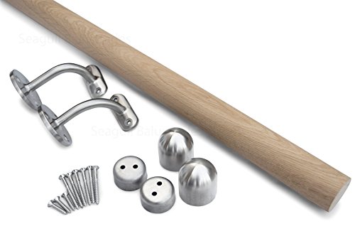 Seagull Balustrades Solid Oak Wood Stair Handrail with Satin Brushed Stainless Steel Fittings – Unvarnished & Ready to Coat - Single 2mt Kit with Domed Ends & 2 Brackets