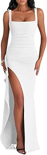 Women's Elegant Square Neck Sleeveless Bodycon High Split Ruched Long Formal Evening Dress