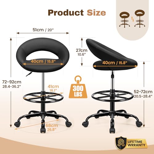 Image of BESTFAIR Office Drafting Chair, Counter Height Bar Stools with Back Support | Adjustable Foot Rest & Wheels, Shop Rolling 360Swivel Chair for Standing Desk Kitchen Island Salon Home Garage Vanity, Black