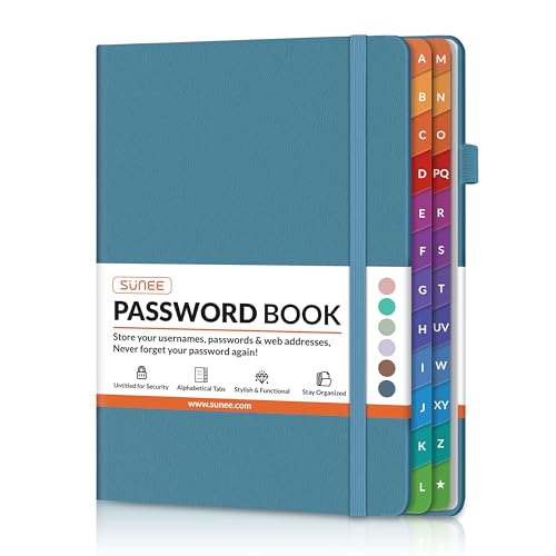 SUNEE Password Book with Colorful Alphabetical Tabs, Password Books for Seniors, Password Keeper Book for Computer and Internet Address Website Login, 5.3''x 7.7''- Petrol