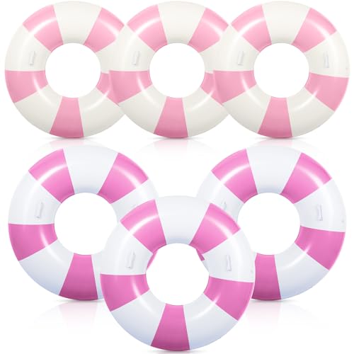 6 Pcs Inflatable Striped Pool Float Large Swim Ring with Handles 47.24 Inch 35.43 Inch Pool Inner Tubes Lounger Float for Teens Adults Summer Beach Party Supplies(Pink White) by WinnerWhy - Used condition - US$36.58