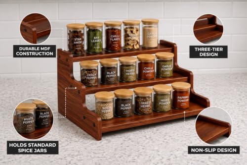 Image of FireBees Kitchen Organizer Rack | 3 Tier Wooden Kitchen Shelf Organisers & Shelf Riser for Counter Top | Wooden Kitchen Storage Stand | Rack for Spice Bottles, Jars, Seasonings (Rose wood)