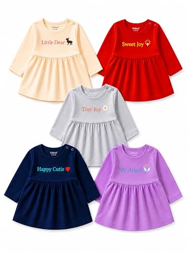 Image of Kidbee Baby Girls A-Line Dress Combo Pack of 5 | Printed Cotton Blend Frocks | Multicolor | Newborn, Infant & Toddler