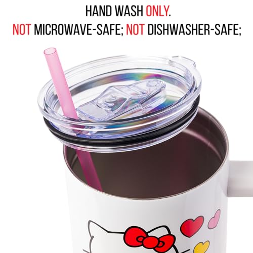 Image of Silver Buffalo Sanrio Hello Kitty Name and Hearts Double Walled Stainless Steel Tumbler with Handle and Straw, Fits in Standard Cup Holder, 40 Ounces