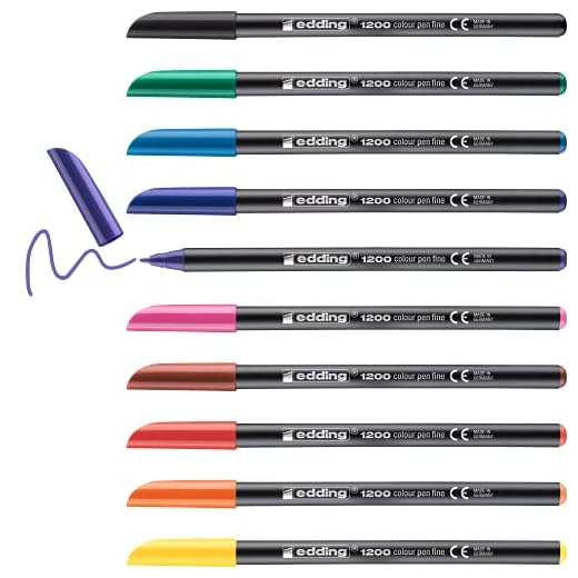 Edding 1200 rotulador de color de trazo fino - negro rojo verde amarillo naranja marrón violeta rosa azul-claro - set 10 colores brillantes - punta redonda de 1mm - marcador dibujar y escribir