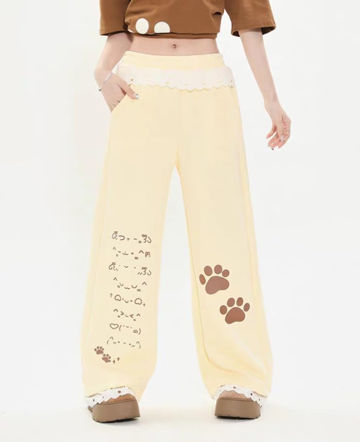 Women's Y2k Harajuku Kawaii Cat Paw Print Lace Trim Sweatpants Coquette Preppy Cute Loose Fit Casual Wide Leg Pants3