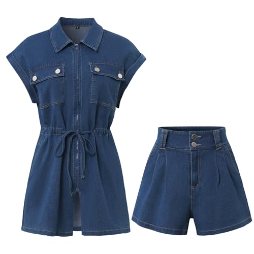 Women's Cap Sleeve Summer Denim Vest 2-piece V-neck Vest And High-Waisted Shorts Set (Standard, blue, medium)