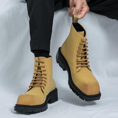 Image of Mens Retro Leather Lace-Up Chunky Heels Chukka Ankle Boots Casual High-Top Non-Slip Square Toe Dress Shoes for Walking Formal Business