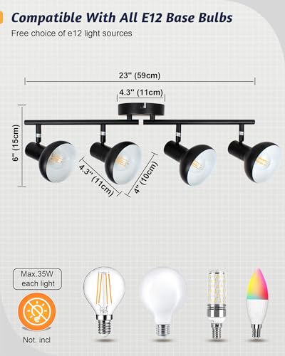 Image of HiBay 4-Light Track Lighting Fixtures Ceiling, Farmhouse Track Spot Light Black, Directional Spotlight Indoor for Kitchen Living Room Bedroom, E12 Base (Bulbs Not Included)