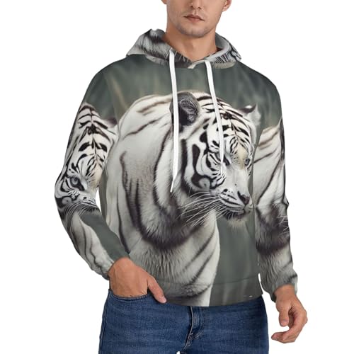 Men's Fleece Pullover Hoodie Long Sleeve Hooded White Tiger Sweatshirt Casual Shirts With Pockets