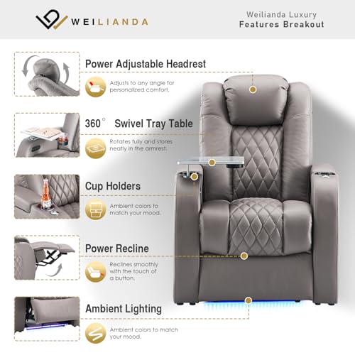 Weilianda Home Theater Seating Top Grain Leather Recliner Chair Power Headrest and Recline Movie Seats Gaming Sofa with Tray Table Type-C USB Charge Cup Holders Row of 1 Grey