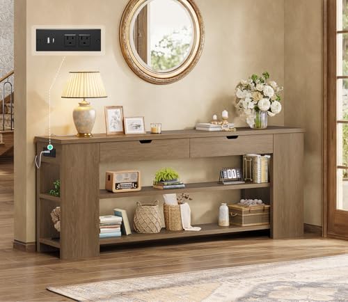 ANGRYWIN 71.8 Inch Extra Long Console Table with Drawers, Farmhouse Long Console Table with Shelves & Built-in Outlets, Entryway Table with Storage for Living Room, Entryway, Hallway, Brown