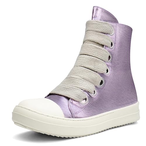 IMPREMEY Purple Womens High Top Sneakers Fashion Side Zipper Girls Cute Round Toe Flat Heel Casual Ankle Boots Trendy Pu Leather Lace Up Daily Sneaker Shoes, US Size 12 W