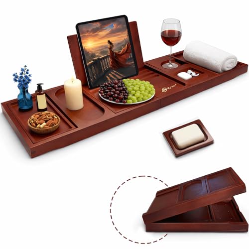 Bathtub Tray & Bath Tray for Tub – Expandable Bamboo Bath tub Tray, Bathtub Caddy, Adjustable Foldable Waterproof Bath Trays for tub with Phone, Wine Glass, Book & Tab Holder (Free Soap Dish)