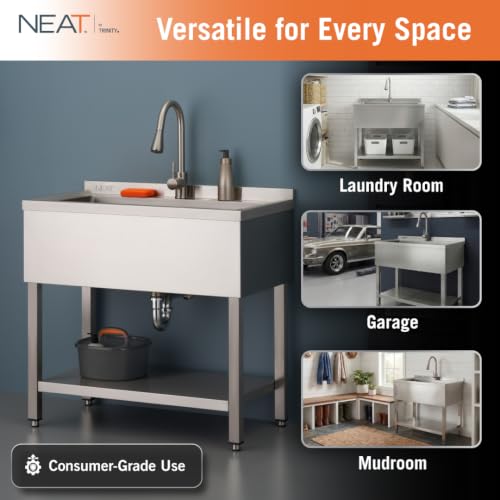 Image of EcoStorage Stainless Steel Utility Sink, Oversized Freestanding Single Bowl Utility Sink, Pull-Out Faucet, Garage, Laundry Room, Business, NSF Certified, 36 inchW x 20 inchD x 50 inchH (NHA-0322)