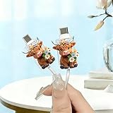 2pcs Acrylic Cable Protector, Highland Cattle with Flower Decor Type-C Compatible, Anti-Break Data Cable Cover, Gift Idea,Beautiful and Durable Charging Cable Protective Case(SJXT-006)