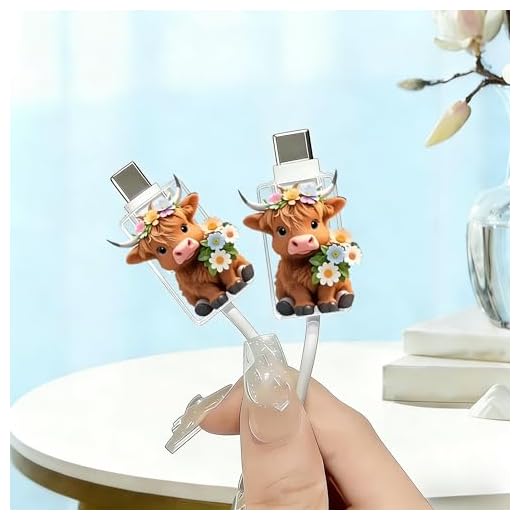 2pcs Acrylic Cable Protector, Highland Cattle with Flower Decor Type-C Compatible, Anti-Break Data Cable Cover, Gift Idea,Beautiful and Durable Charging Cable Protective Case(SJXT-006)