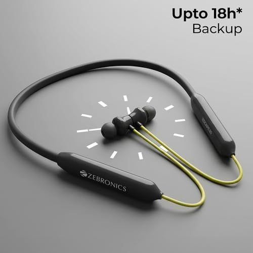 Image of Zebronics Escape 80 Wireless Neckband, 18H Playback, 10mm Drivers, Type-C Charging with Built-In Battery, Rapid Charging, MagSnap, ENC, Gaming Mode, Dual Pairing, BT v5.3, Voice Assistant (Green+Grey)