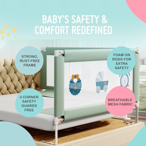 Image of Safe-O-Kid 1-Year Warranty 6 Feet /180Cms Metal Baby Bed Rail with Extra Mesh Cloth Prevents from The Gap, 28 Level Adjustable Height, Baby Safety Bed Railing, Bed Guard for Babies, Green-Pack of 3