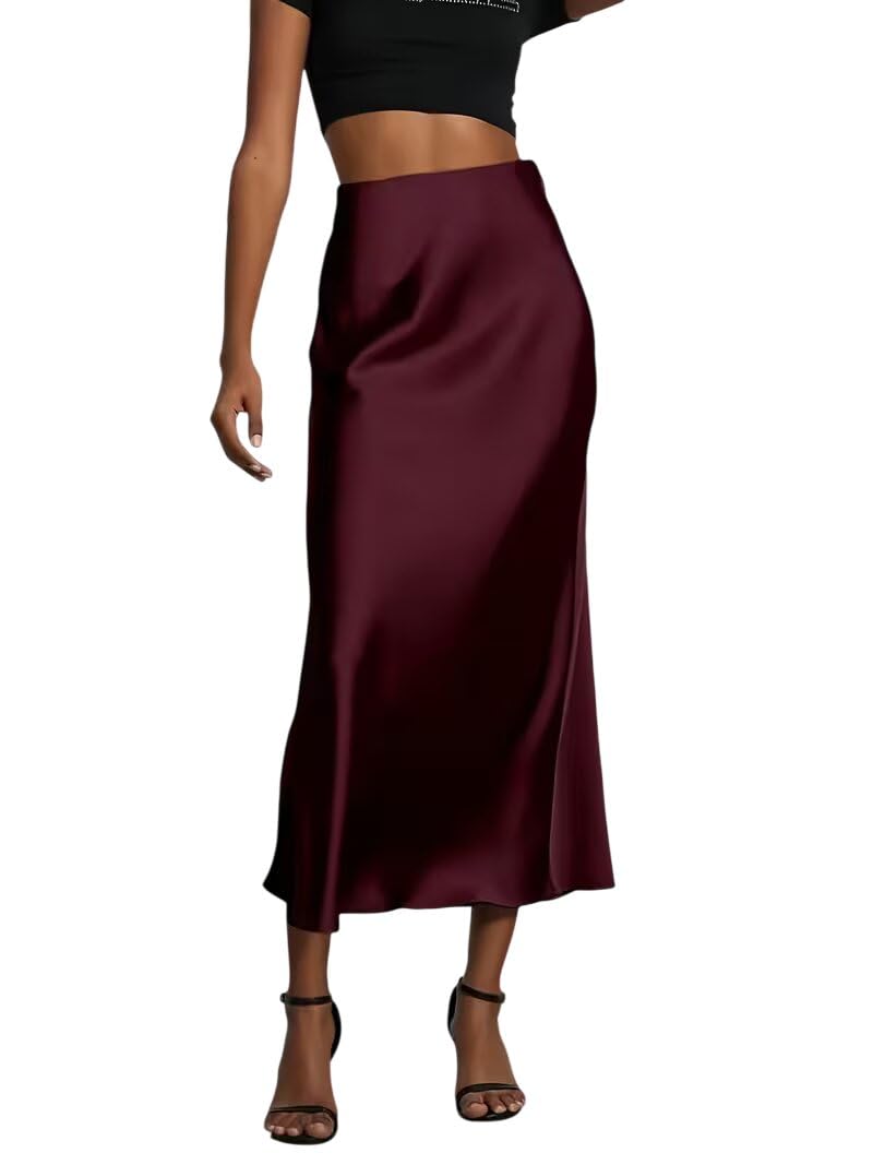 Women's High Waist Satin Skirt A-Line Concealed Side Zipper Skirts for Woman-image-1
