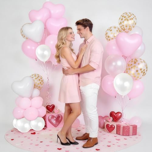 Image of Pink Balloons, 60 Pcs Pastel Light Baby Pink and Pearl White Heart Latex Balloons, 12 Inch Double Stuffed & Gold Confetti Balloon for Girls Women Birthday Wedding Bridal Baby Shower Bachelorette Party