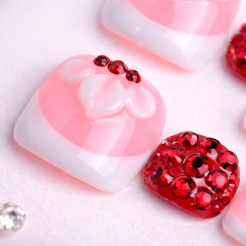 IntoVibes 10 Pieces Handmade Luxury Press On Toenails With Petal And Rde Bling Rhinestones, Full Cover, Press On Nails Stick On Toe Nails For Women Manicure, Acrylic Fake Toe Nails (M) — view 3