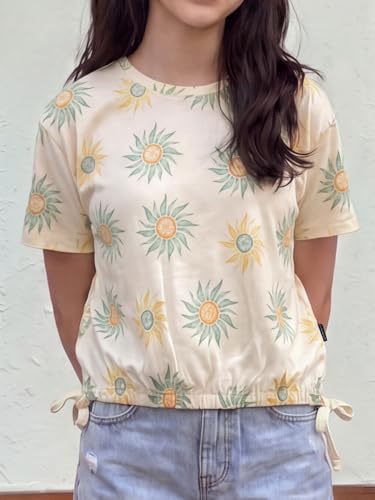 Image of Li'l Tomatoes Girls 100% Cotton Printed Top | Half Sleeve Casual Summer Top for Girls | Soft & Breathable Everyday Wear | Floral Sunflower Print | 9-16 Years