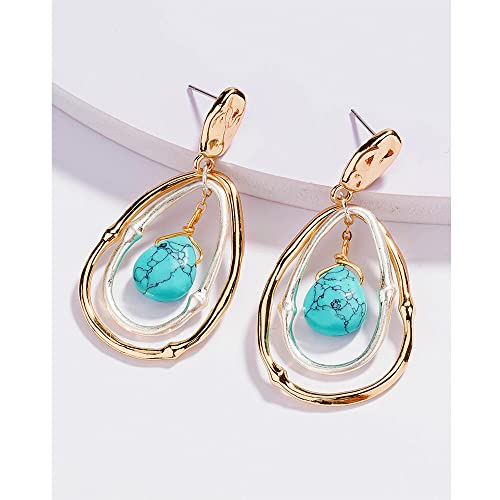 Turquoise Gold Hoop Earrings For Women,Turquoise Large Oval Drop Dangle Western Stylish Silver Earrings Jewelry #TOP6