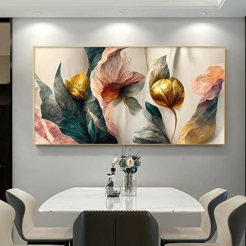 Impression toile vintage fleurs dorées luxe décoration salon 40x80