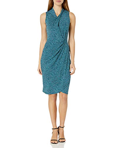 Amazon Brand - Lark & Ro Women's Sleeveless Crossover Twist Neck Faux Wrap Dress, Dark Navy 3 Color Dot Print, 16