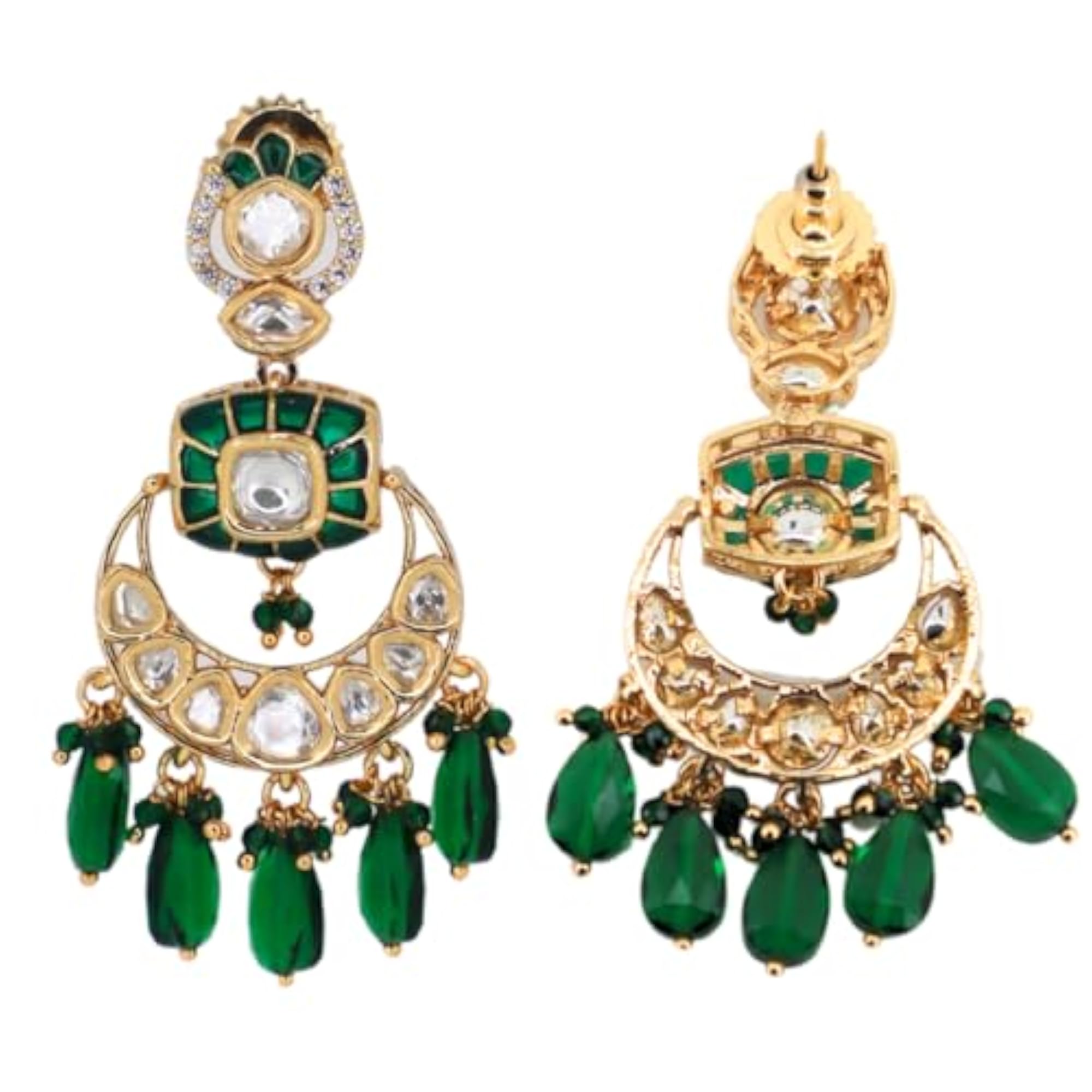 Women's Handcrafted Kundan Polki & Drop Beads Brass Dangler Earrings